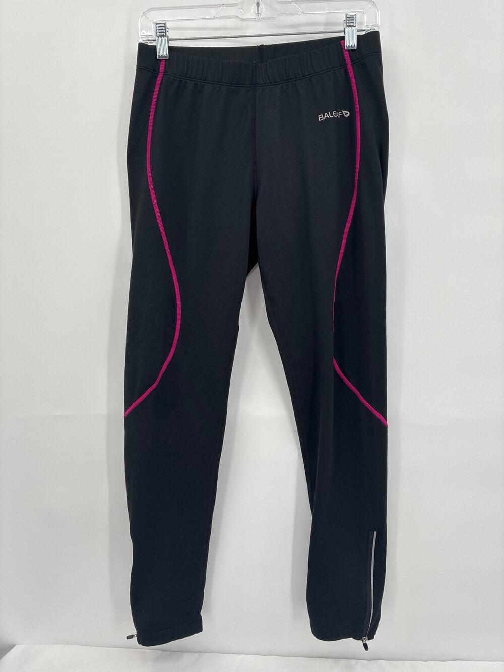 Baleaf Black Running Leggings Pink Trim Zip Ankles Back Pocket Women's Large